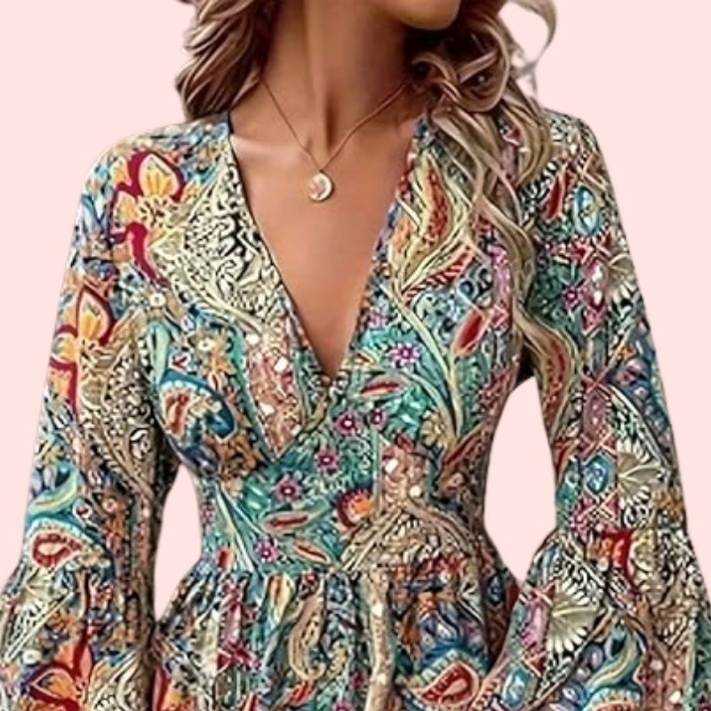 Liesl – Verspieltes Boho-Minikleid mit V-Ausschnitt und Volant-Ärmeln
