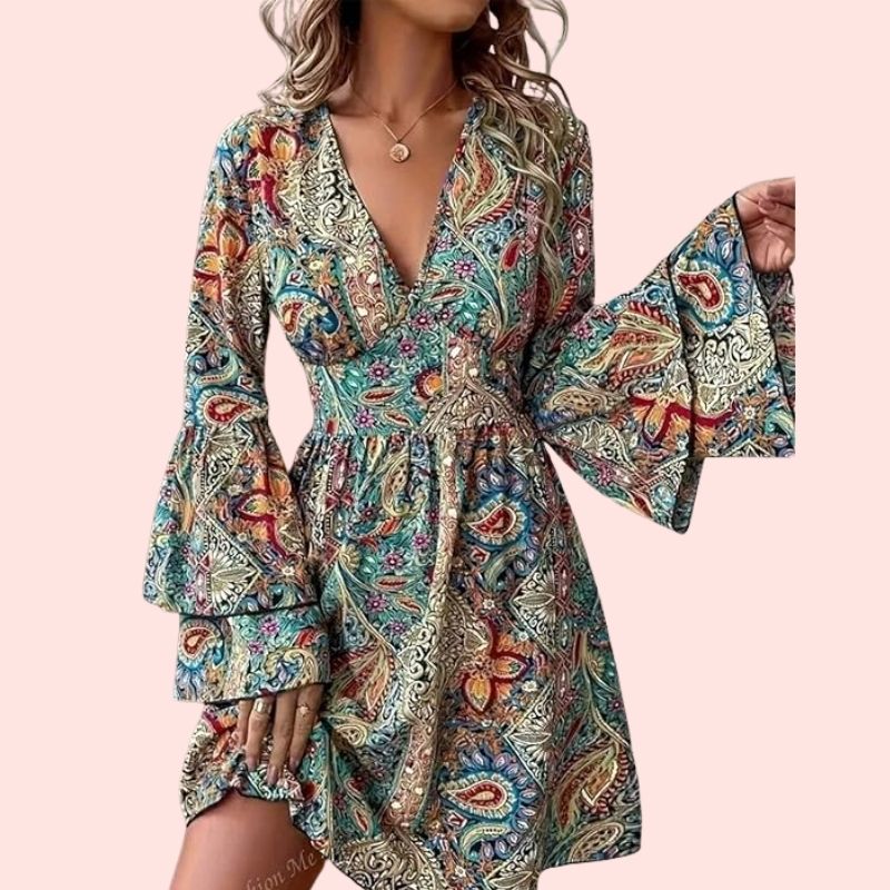 Liesl – Verspieltes Boho-Minikleid mit V-Ausschnitt und Volant-Ärmeln