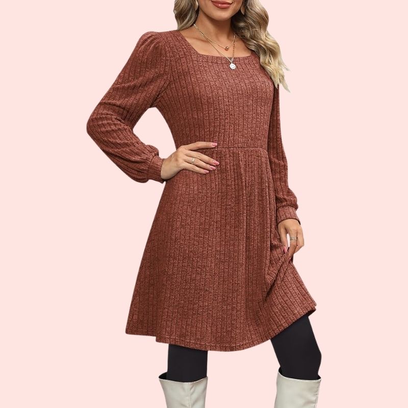 Johanna – Elegantes Feinstrick-Kleid mit Puffärmeln und Karree-Ausschnitt
