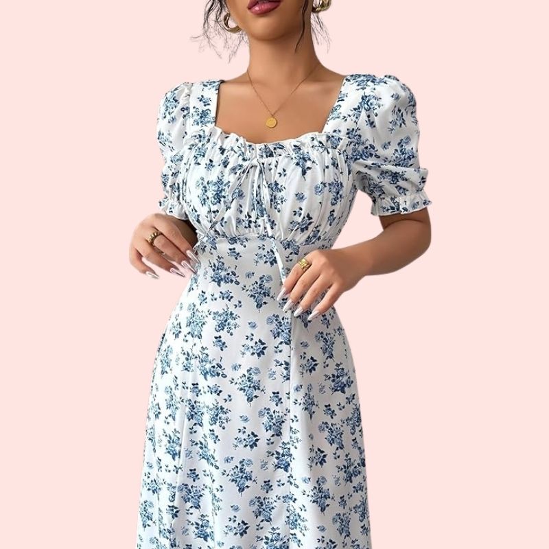 Katharina – Romantisches Maxikleid mit floralem Print und Karree-Ausschnitt