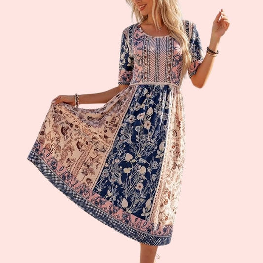 Vroni – Charmantes Boho-Midi-Kleid mit Patchwork-Blumenprint