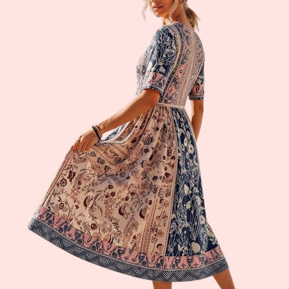 Vroni – Charmantes Boho-Midi-Kleid mit Patchwork-Blumenprint