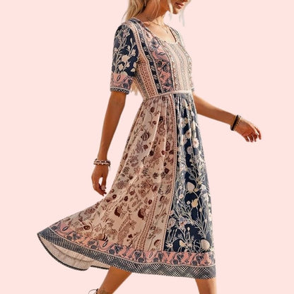 Vroni – Charmantes Boho-Midi-Kleid mit Patchwork-Blumenprint