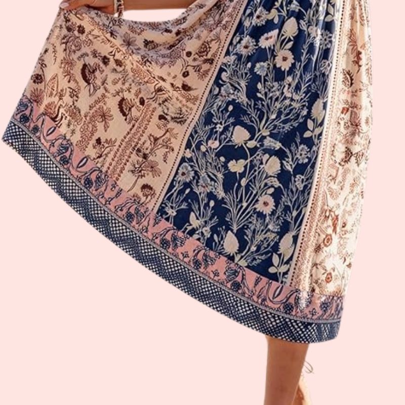 Vroni – Charmantes Boho-Midi-Kleid mit Patchwork-Blumenprint
